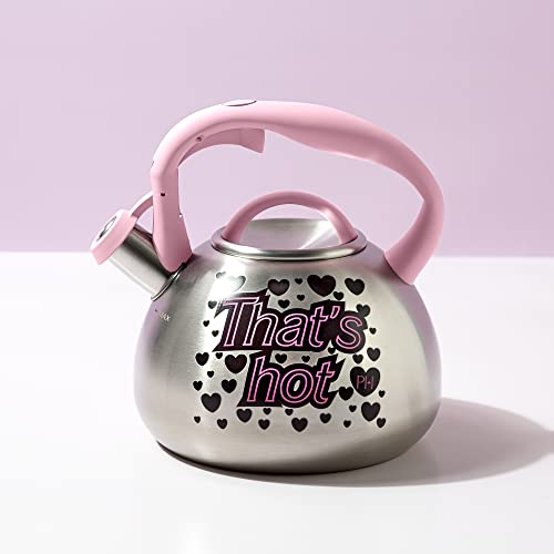 Paris Hilton Whistling Stovetop Tea Kettle, Stainless Steel with Color Changing Heat Indicator Design, Soft Touch Handle, 2.5-Quart, Pink