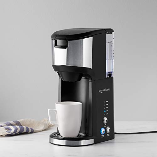 Amazon Basics Dual Brew Single Serve Capsule Coffee Maker, 14 oz, Black and SS