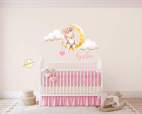 Nursery Wall Decals Baby Girl Personalized Name Bunny Clouds Peel and Stick