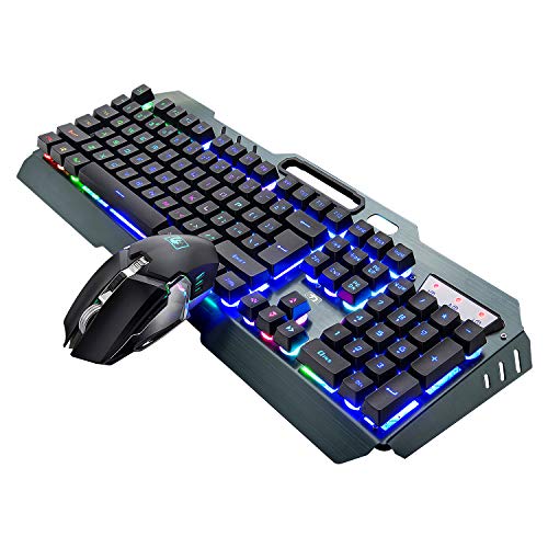 Wireless Gaming Keyboard and Mouse, Rechargeable, Rainbow Backlit with 3800mAh Battery Metal Panel,Mechanical Feel Keyboard and 7 Color Mute Mouse for Windows Computer Gamers