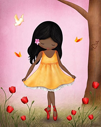 African American Dark Skin Black Hair Girl Wall Art Posters for Girls Room or Nursery Kids Decoration Cherry Blossom Tree 8x10 Set of 4 Unframed Prints