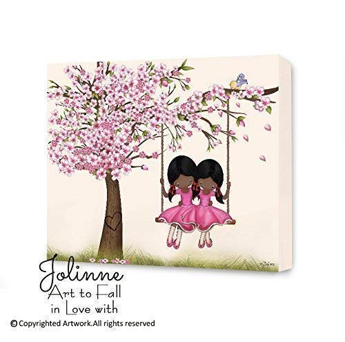 Personalized Canvas Print Kids Room Decor Cherry Blossom Tree Picture for Girls Bedroom or Nursery Ready to Hang Wall Art Custom Hair Skin Color