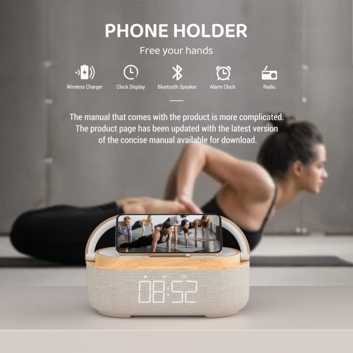 【2023 Newest】COLSUR Bluetooth Speaker with Digital Alarm Clock, Wireless Charger, FM Clock Radio, Adjustable LED Night Light, Dual Wireless Speakers,2500mAh Battery for Bedroom,Home, Adaptor (Wooden)