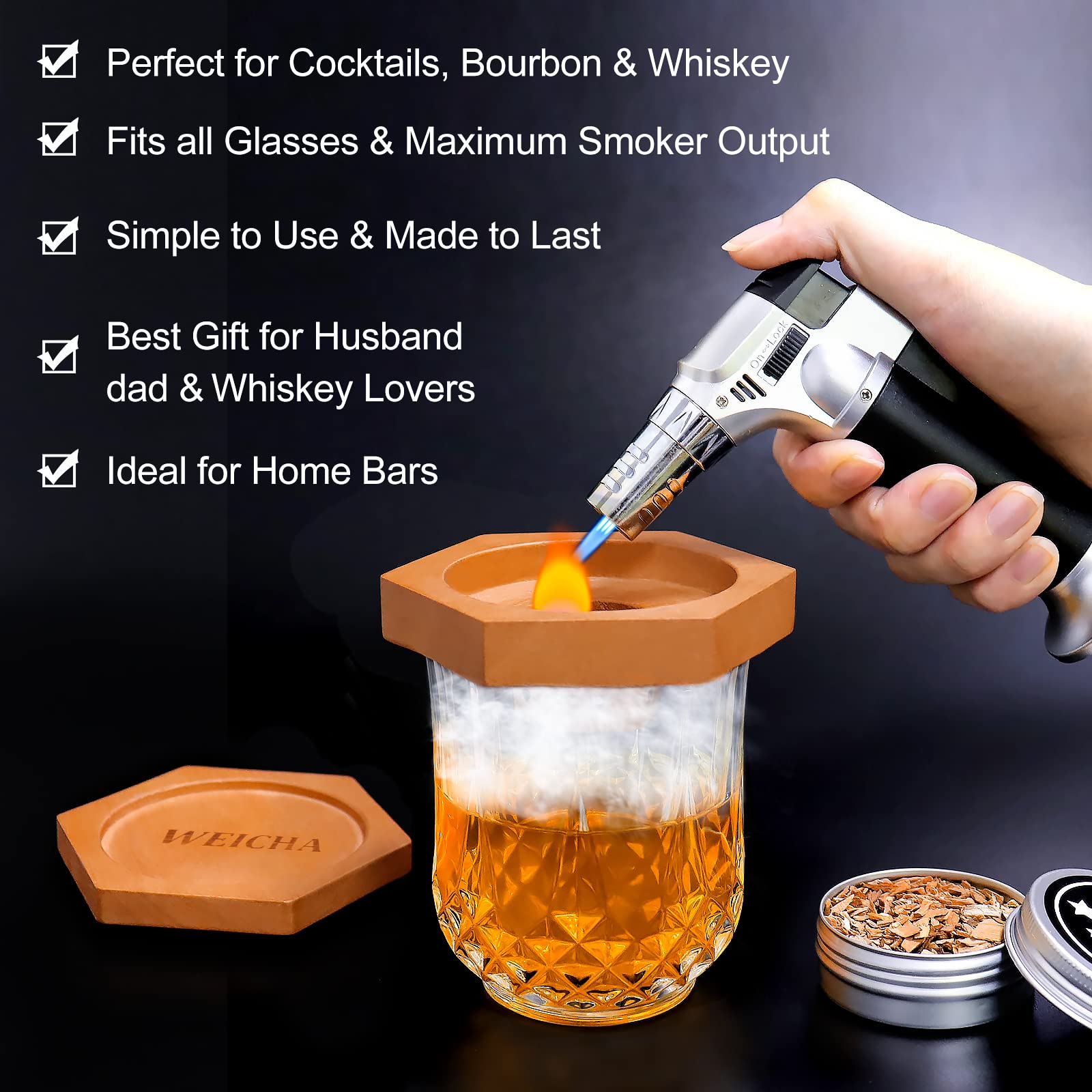 Old-Fashioned Bourbon Whiskey Cocktail Smoker-Kit - Aged Wood Drink Smoker Infuser Kit with Torch, Smoked Cocktail Kit with 4 Flavored Smoking Wood Chips, Bar Whiskey Smoker Gifts for Men (No Butane)