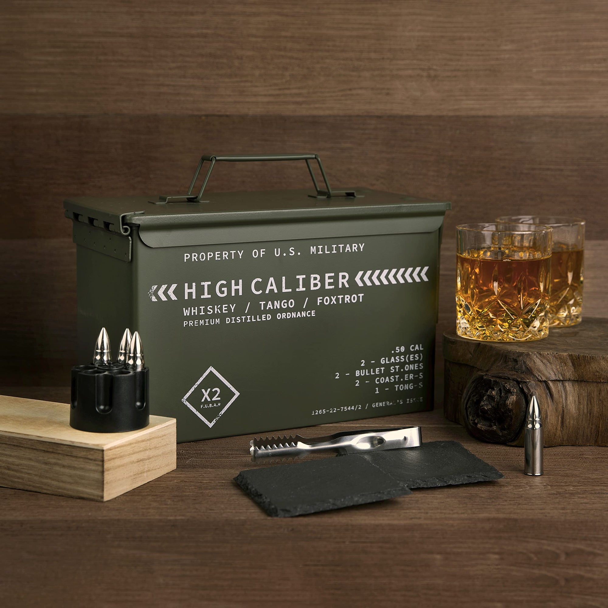 Whiskey Glasses and Whiskey Stones in Unique Tactical Box Display | Ideal Groomsmen Gifts Whiskey Gifts for Men | Bourbon Whiskey Cocktail Glasses, Slate Coasters and Tongs… (with Whiskey Stones)