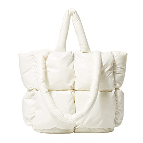 JQWYGB Puffer Tote Bag for Women - Large Puffy Tote Bag Purse Soft Padded Cotton Checkered Quilted Shoulder Bags Handbags (White)