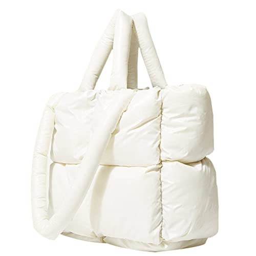 JQWYGB Puffer Tote Bag for Women - Large Puffy Tote Bag Purse Soft Padded Cotton Checkered Quilted Shoulder Bags Handbags (White)
