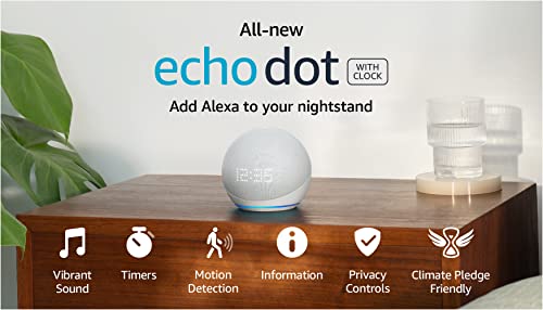 All-New Echo Dot (5th Gen, 2022 release) with clock | Smart speaker with clock and Alexa | Glacier White