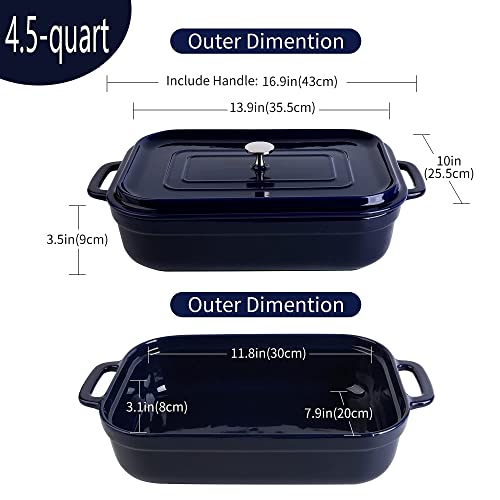 16.9x10 Inch,4.5 quart， Ceramic Casserole Dish with Lid, Large bakeware,Covered Rectangular Set, Lasagna pan Pans for Cooking, Baking dish With Lid for Dinner, Kitchen Blue deep oven extra dishes serving loaf toast Toasted Breads stoneware 9x13x5 safe 4