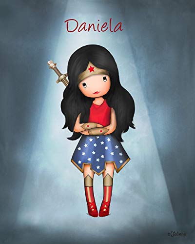 Personalized Name (Optional) Wonder Woman Superhero Poster Art for Girls Room Nursery Decor Newborn Gift Unframed Print Custom Hair Skin Color