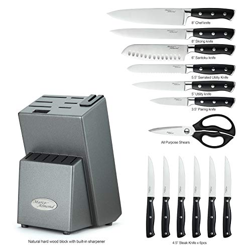 Marco Almond Kya31 Japanese Stainless Steel Knives Set, 14 Pieces Cutlery Set Kitchen Knife Sets in Hard Wood Block with Built in Sharpener, Full Tang