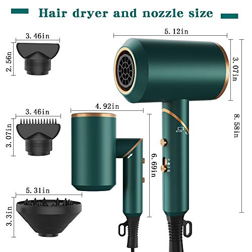 Hair Dryer,1800W Professional Ionic Hair Dryer with Diffuser and Nozzles, Powerful Blow Dryer for Fast Drying,Compact & Lightweight Travel Portable Hair Dryer for Women