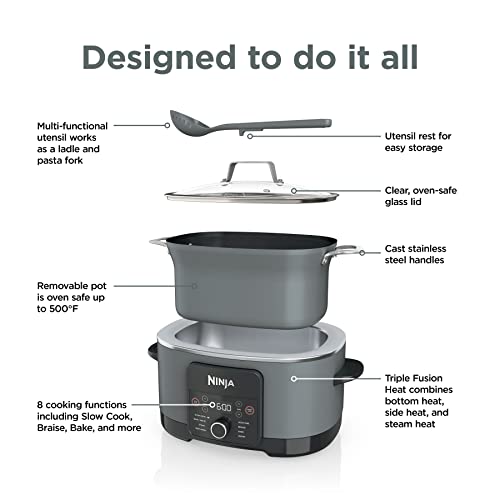 Ninja MC1001 Foodi PossibleCooker PRO 8.5 Quart Multi-Cooker, with 8-in-1 Slow Cooker, Dutch Oven, Steamer & More, Glass Lid & Integrated Spoon, Nonstick, Oven Safe Pot to 500°F, Sea Salt Gray