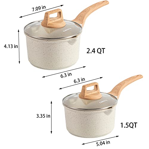 CAROTE 1.5Qt & 2.5Qt Saucepan Set with Lid 4 Pcs Nonstick Sauce Pot Cooking Pot with Pour Spout, PFOA FREE(White Granite)
