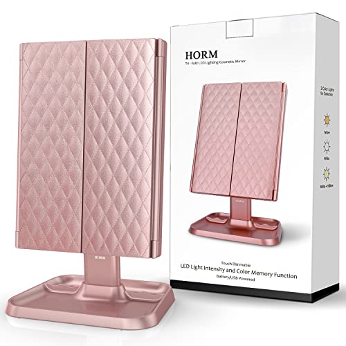 Makeup Mirror Trifold Mirror with Lights - 3 Color Lighting Modes 72 LED Vanity Mirror, 1x/2x/3x Magnification, Touch Control Design, Portable High Definition Cosmetic Lighted Up Mirror
