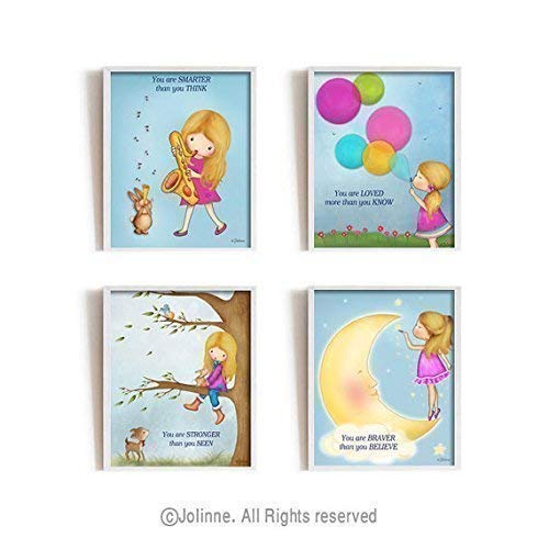 Art for Girls Room Winnie The Pooh Quotes Children's Artwork You Are Smarter Than You Think Braver Than You Believe Posters 8x10 / 11x14 Set of 4 Custom Hair and Skin color