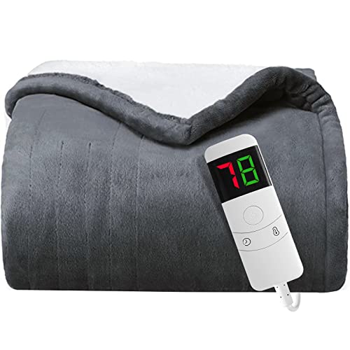 greenoak Heated Electric Throw Blanket, 50“ x 62” Heating Blanket, Thick Soft Warming Plush Electric Lap Blanket Sherpa for Adults with 5-Position Timer &10 Heating Levels (Grey)