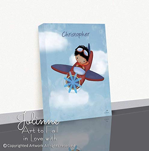 Baby Boys Airplane Canvas Wall Art Optional Personalized Text Nursery Artwork Home Decor Picture Children's Bedroom Ready to Hang as is Custom Hair and Skin Color