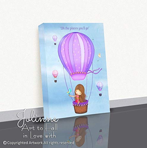 Hot Air Balloon Wall Art Oh the Places You'll Go Personalized Canvas Girls Room Decoration Ready to Hang Picture, Custom hair and skin color