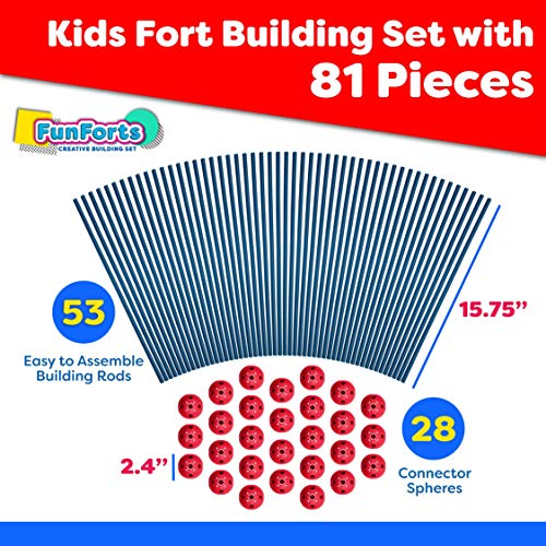 Fun Forts Kids Tent for Kids - 81 Pack STEM Toys Fort Building Kit, Building Toys Play Tent Indoor and Outdoor Playhouse for Kids Construction Toys with 53 Rods and 28 Spheres (Red, Blue)