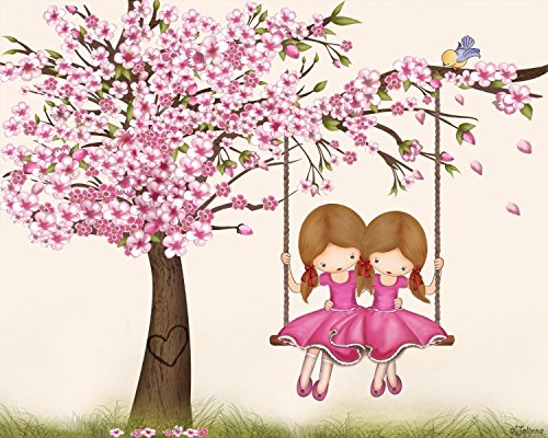 Custom Kids Wall Art Personalized Name (Optional) Gift for Girls Cherry Blossom Tree Poster Room Decor Customized Hair and Skin Color