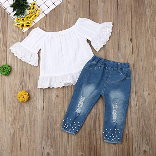 Toddler Kids Clothing Baby Girls Vest Tank Top Ripped Denim Shorts Skirts Outfits Clothes Set (1-2 Years, White)