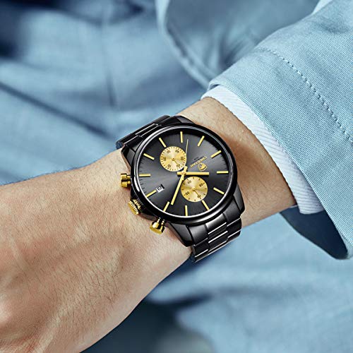 GOLDEN HOUR Men's Watches with Black Stainless Steel and Metal Casual  Waterproof Chronograph Quartz Watch, Auto Date in Colorful Hands