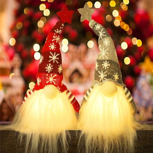 Juegoal 15" Lighted Christmas Gnome, Handmade Plush Scandinavian Swedish Tomte, Light Up Elf Toy Holiday Present, Battery Operated Winter Tabletop Christmas Decorations, 2 Set
