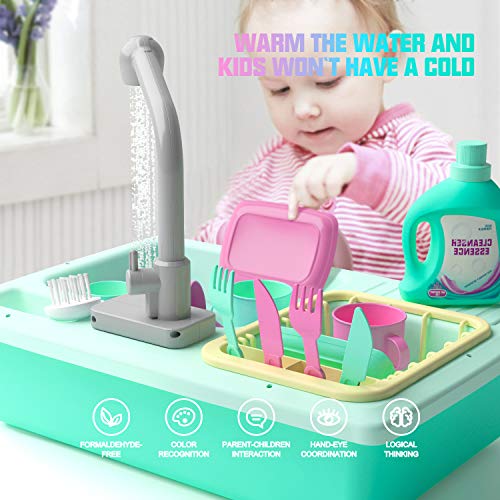 KIDPAR 38 Pcs Color Changing Kitchen Play Sink Toys for Kids,Toddler Electric Dishwasher with Auto Running Water Cycle System,Cutting Food,Chef’s Apron,House Pretend Role Play Toys for Boys Girls