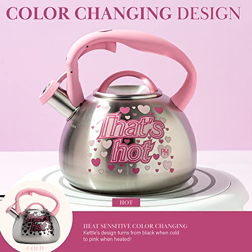 Paris Hilton Whistling Tea Kettle Stainless Steel, Shimmering Finish with Heart Decal, 2.2-Quart, Pink