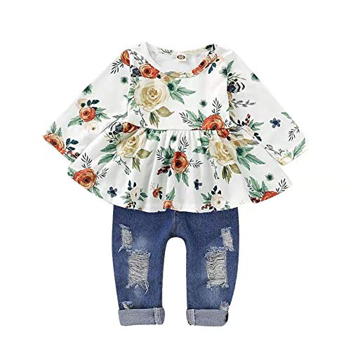 CARETOO Girls Clothes Outfits, Cute Baby Girl Floral Long Sleeve Pant Set Flower Ruffle Top White