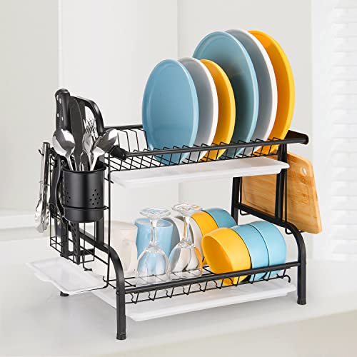 Dish Drying Rack, 2 Tier Stainless Steel Dish Rack with Drainboard, Utensil Holder, Cutting Board Holder, Large Rust-Proof Dish Drainer for Kitchen Counter, Black