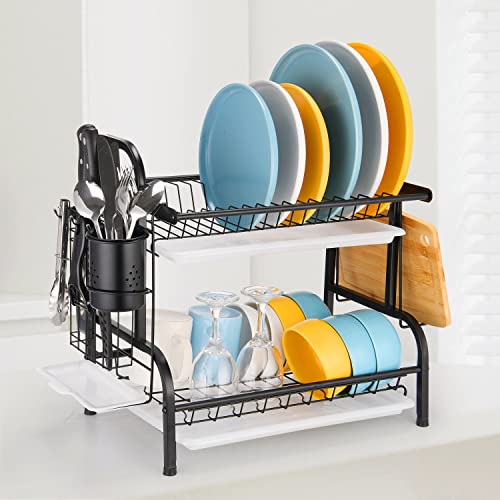 Dish Drying Rack for Kitchen Counter - 2 Tier Large Dish Rack with  Drainboard, Rustproof Dish Drainer with Utensil Holder for Sink, Black