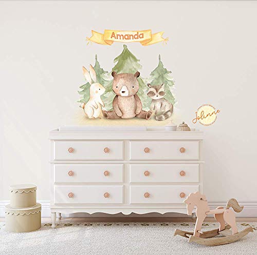 Woodland Animals Nursery Wall Decals Baby Boy Girl Personalized Name Vinyl Sticker Peel and Stick