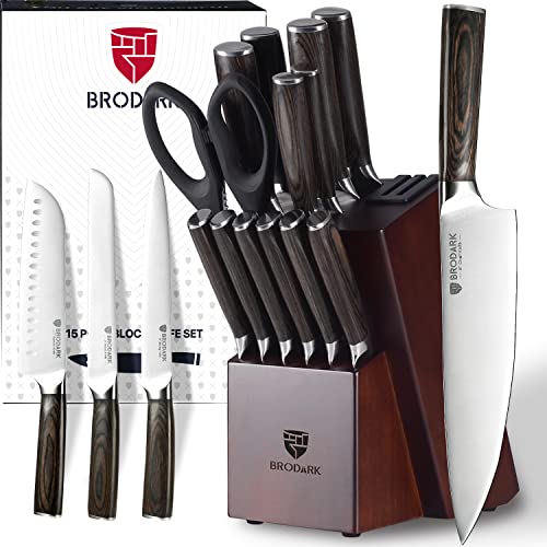 BRODARK Kitchen Knife Set with Block, Ultra Sharp 15 PCS German Stainl ...