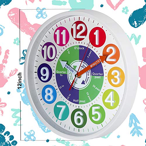 Telling Time Teaching Clock, 10 inch Silent Non Ticking, Battery Operated,  Analog Learning Clock for Kids, Perfect Wall & Kids Room Decor & School