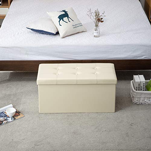 AuAg Folding Storage Ottoman Bench Faux Leather Toy Box/Chest Window Padded Seat Foot Rest Storage Easy to Assemble (Beige, 30")