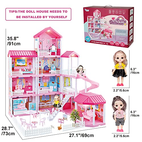 678 Doll House Kit,Dollhouse with Lights, Slide, Pets and Dolls, DIY Pretend Play Building Playset Toys with Asseccories and Furniture, Princess House for Toddlers, Kids Boy & Girl (11 Rooms)