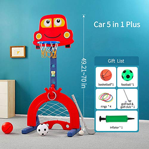 Basketball Hoop Set Stand for Kids for Indoor & Outdoor 5-in-1 Sports Activity Center Adjustable Easy Score Basketball Hoop Football Soccer Goal Ring Toss Golf Game Toy for Baby Infant Toddler Red