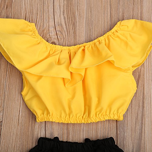 Imcute Cute Baby Girls Short Sleeve Blouse Tube Top+High Waist Pom Pom Short Pants (3-4 Years, Yellow)