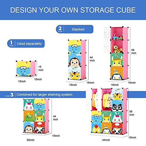 MAGINELS Kids Wardrobe Closet,Kids' Armoires & Dressers Up Storage with  Door,Two Open Hanging Children Costume Area and 8 Cube Stroage. The First