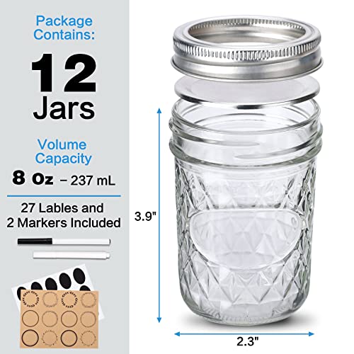 12 Pack Mason Jars 8 oz with Airtight Lids, Glass Regular Mouth