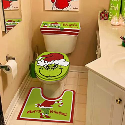 Christmas Decorations - Xmas Bathroom Sets - Grinchs Decor Toilet Seat Cover and Rug for Indoor Home Set of 4 (Red - Green)