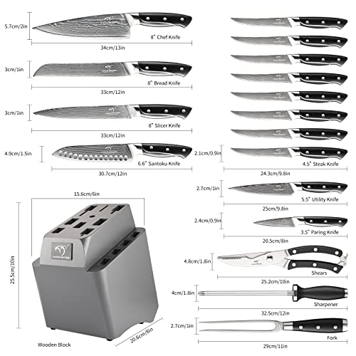 NANFANG BROTHERS Knife Set, 18-Piece Damascus Kitchen Knife Set with Block,  ABS Ergonomic Handle for Chef Knife Set, Carving Fork, Knife Sharpener and