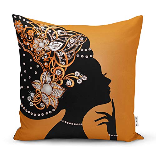 Ysahome Tribal Decor Digital Print Pillow Cover - Black Woman Cushion Cover - African American Girls Throw Pillow Case - Ethnic Ancient Theme Decorative Accent Pillow, 18x18 Inches, Orange (Set of 4)