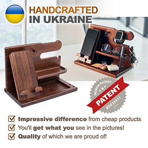 Wood Phone Docking Station Hooks Key Holder Wallet Watch Stand Watch  Organizer Men Gift Husband Anniversary Dad Birthday Nightstand Purse Father  Graduation Male Travel Gadgets Natural Ash-Wood 