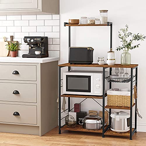 VASAGLE Coffee Bar Baker’s Rack for Kitchen with Storage 6-Tier Kitchen Shelves with 6 Hooks Microwave Stand Rustic Brown and Black