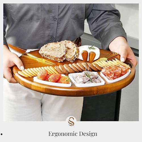 Shanik Upgraded Cheese Cutting Board Set, Acacia Wood Charcuterie Board Set, Cheese Serving Platter, Cheese Board and Utensil Set, 3 Knives, Ceramic Bowls - Gift for Any Occasion
