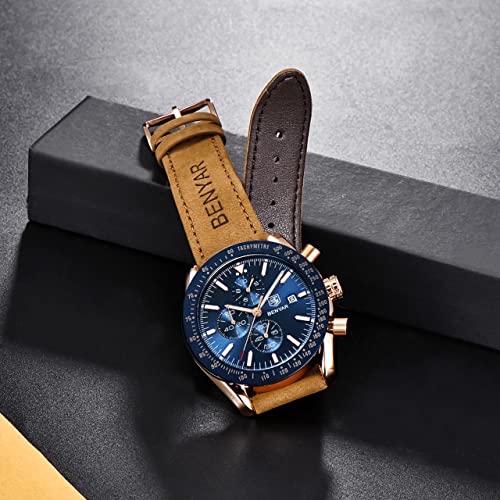 BENYAR Classic Fashion Elegant Chronograph Watch Casual Sport Leather Band Mens Watches 5140L(Brown-Blue)