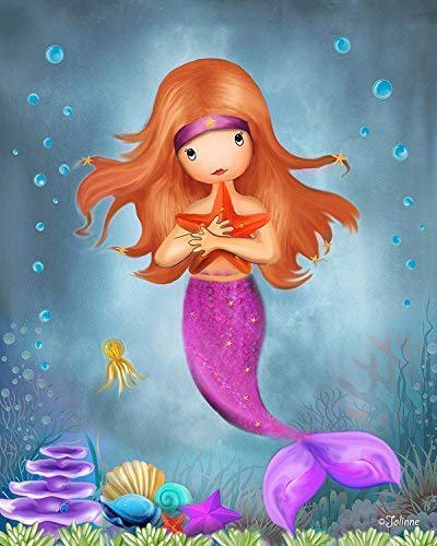 Mermaid Girls Wall Art Canvas Print Optional Personalized Name Kids Room Decoration Custom Hair and Skin Color